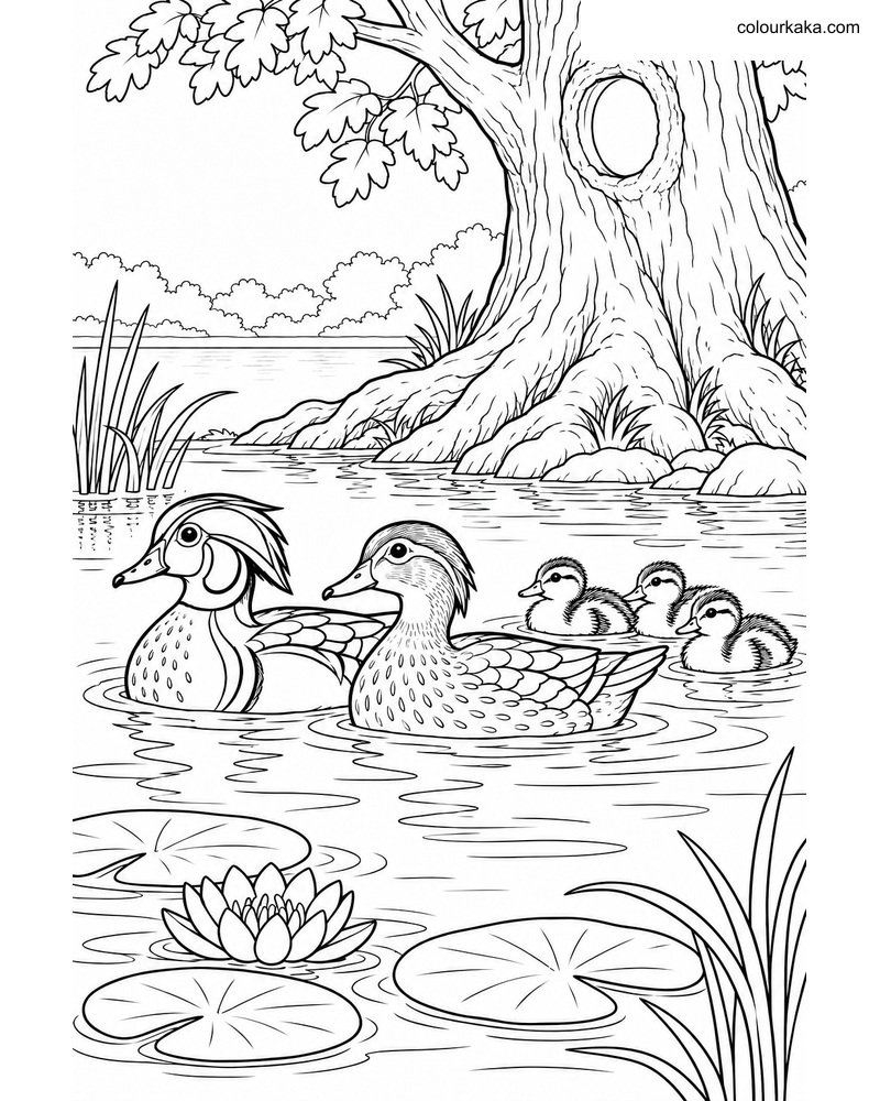 Wood Duck Family Colouring Page thumbnail